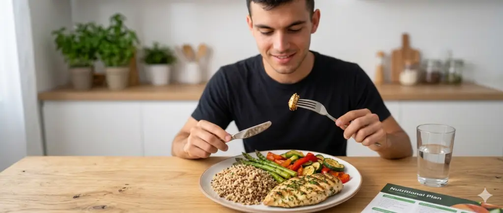 Plato de comida saludable preparado para deportistas con verduras, proteína y arroz