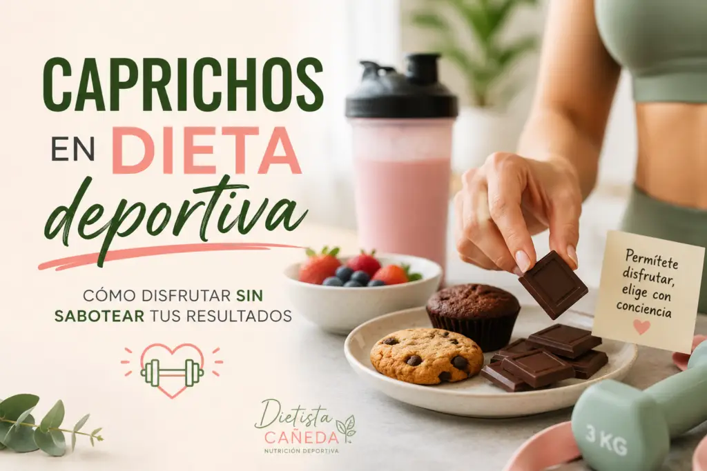 Chocolate y dulces junto a material deportivo como ejemplo de caprichos compatibles con una dieta deportiva flexible