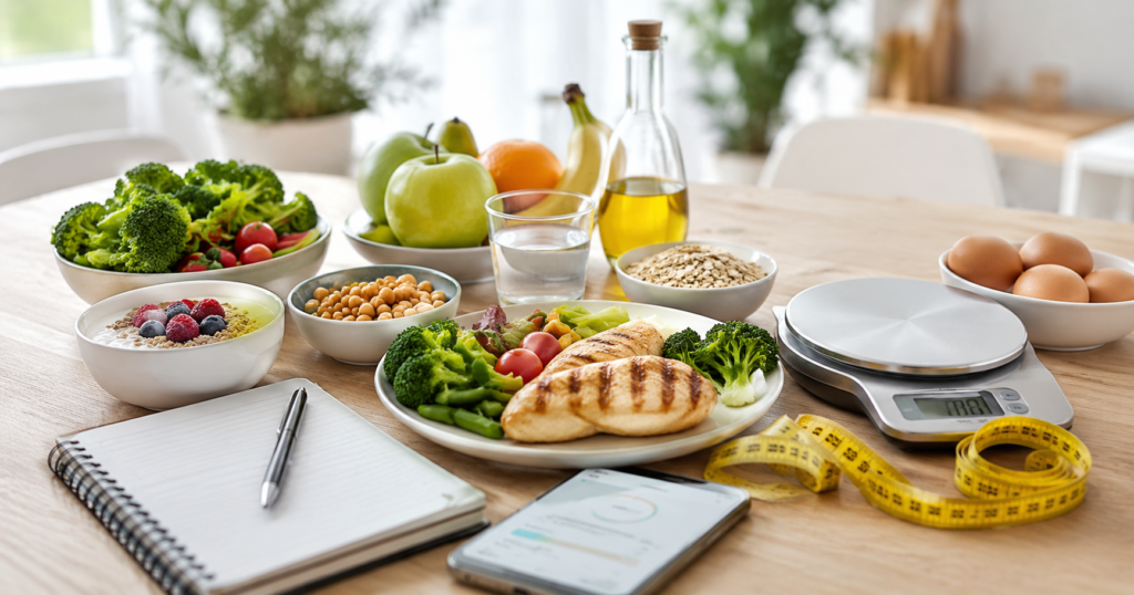 Comida saludable para déficit calórico con pollo, verduras, fruta, avena, huevos, báscula de cocina y cinta métrica sobre una mesa