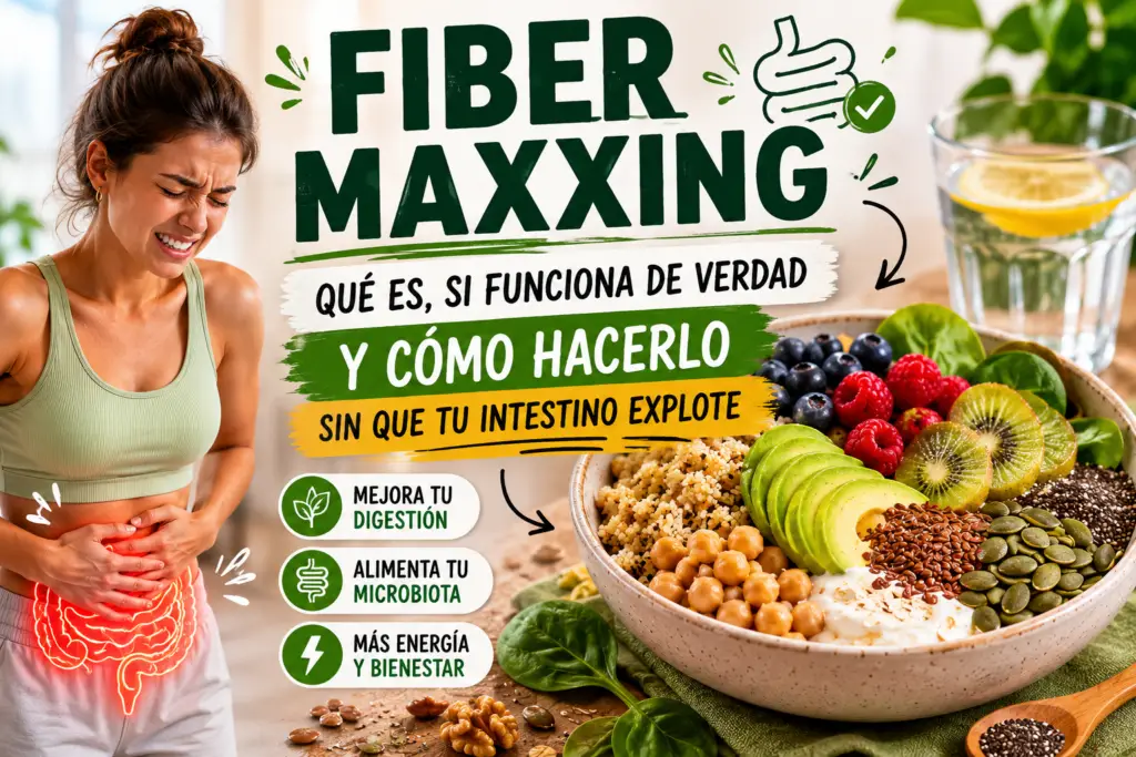 Alimentos ricos en fibra como avena, legumbres, frutas, verduras y semillas para hacer fiber maxxing de forma gradual