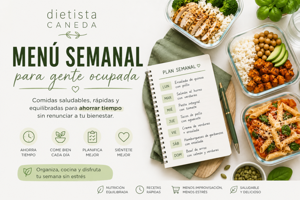 Menú semanal saludable para gente ocupada con comidas equilibradas, planificación de 7 días y tuppers de meal prep.