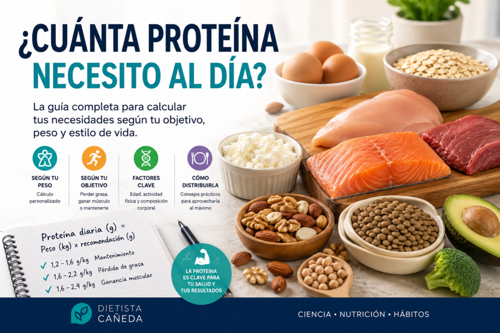 Alimentos ricos en proteína como pollo, salmón, huevos, yogur, lentejas y frutos secos para calcular cuánta proteína necesitas al día