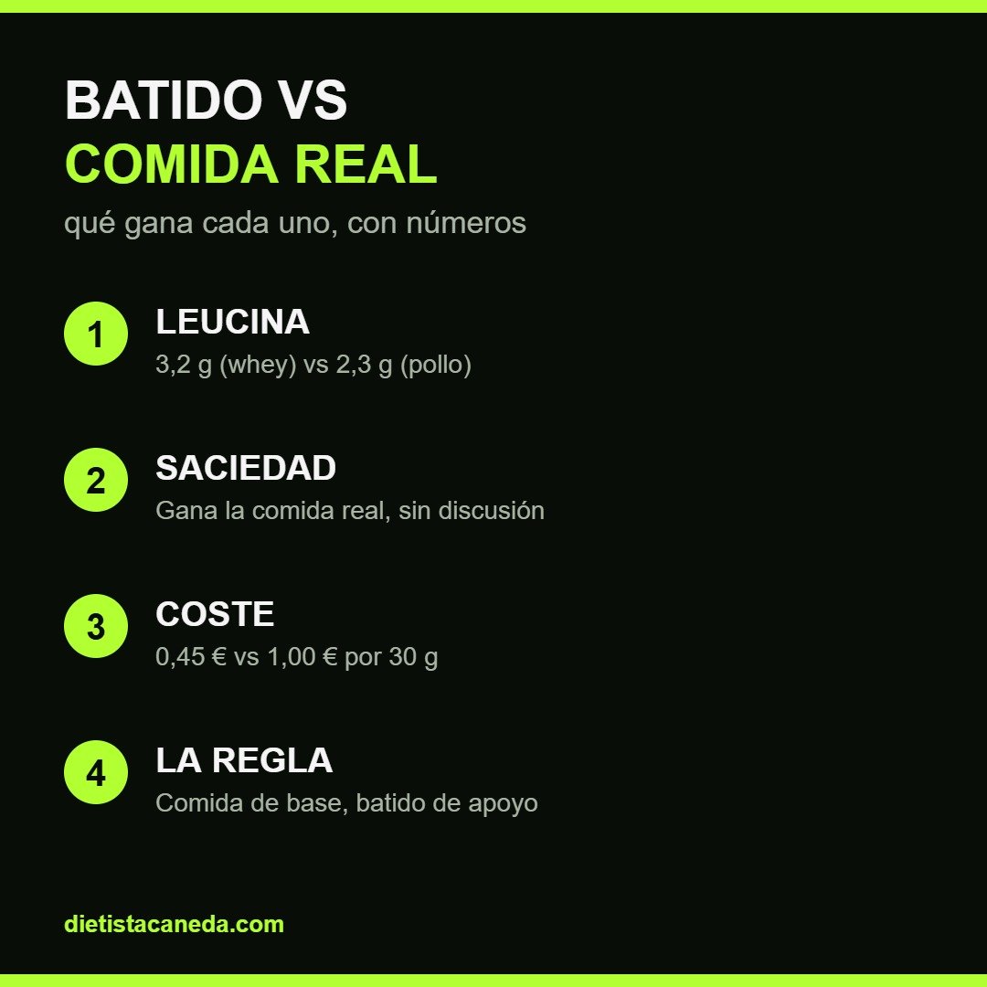 Batido vs comida real: leucina, saciedad y coste