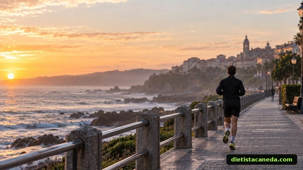 Corredor en la costa de Bizkaia al amanecer