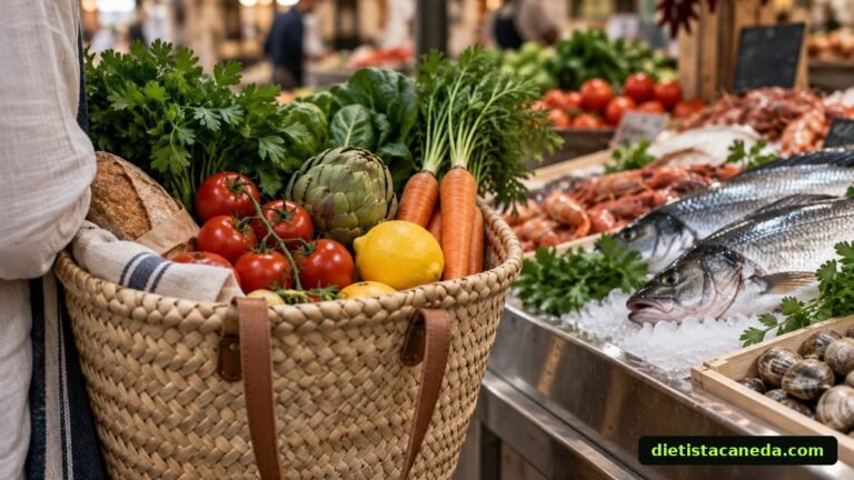 Compra de fruta, verdura y pescado en el mercado