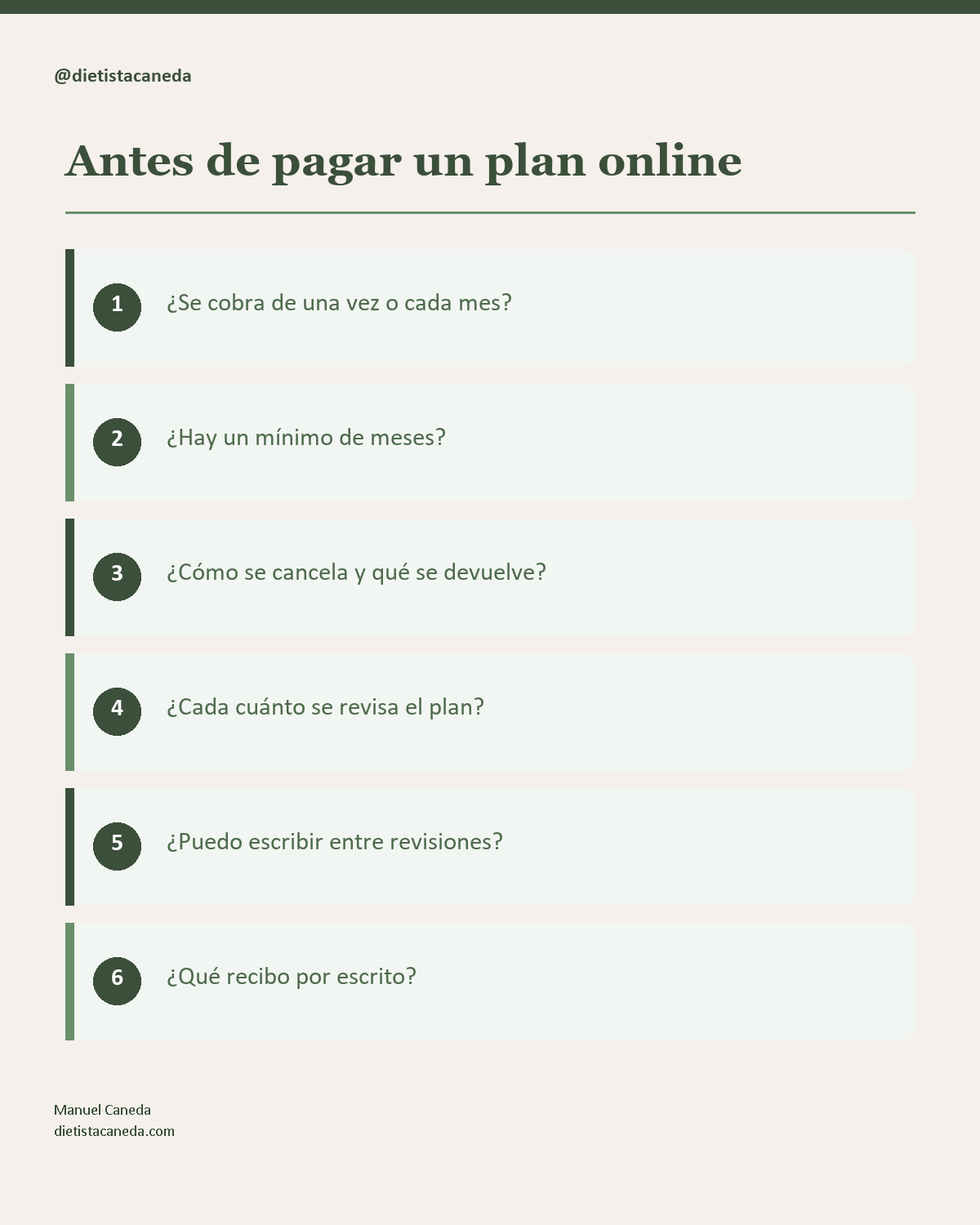 Infografía con 6 preguntas antes de contratar un nutricionista online sin permanencia: cobro, mínimo de meses, cancelación, revisiones, contacto y qué se recibe