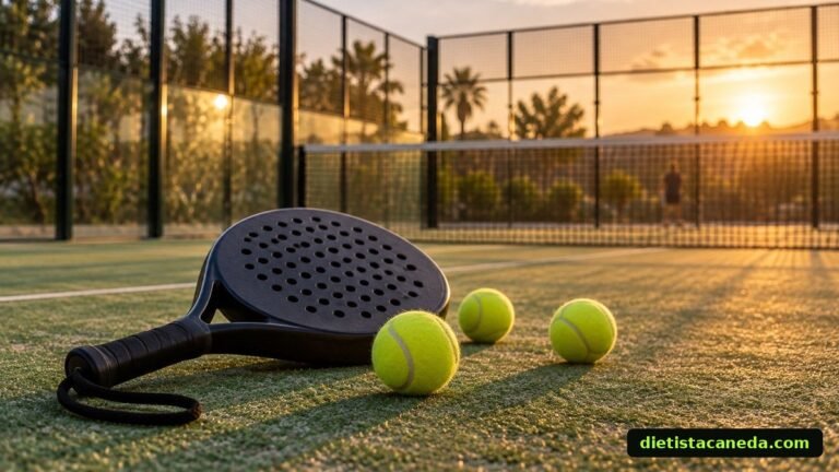 Pista de pádel con pala y pelotas