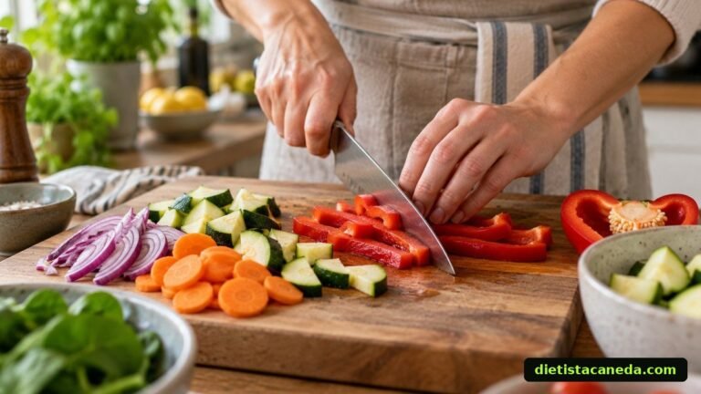 Manos preparando verduras en la cocina
